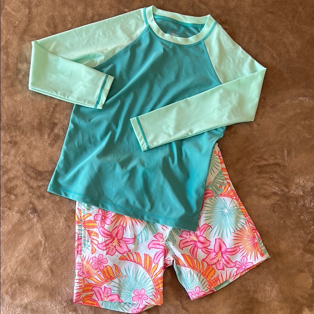 Blue and Pink Rashguard Swim Set with Sun Protection